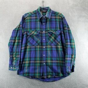 VTG Mighty Mac Shirt Mens L Blue Green Plaid Flannel Board Shirt Grunge